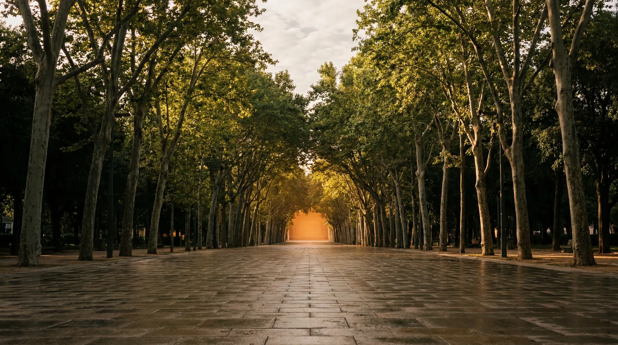 A tree-lined promenade at golden hour