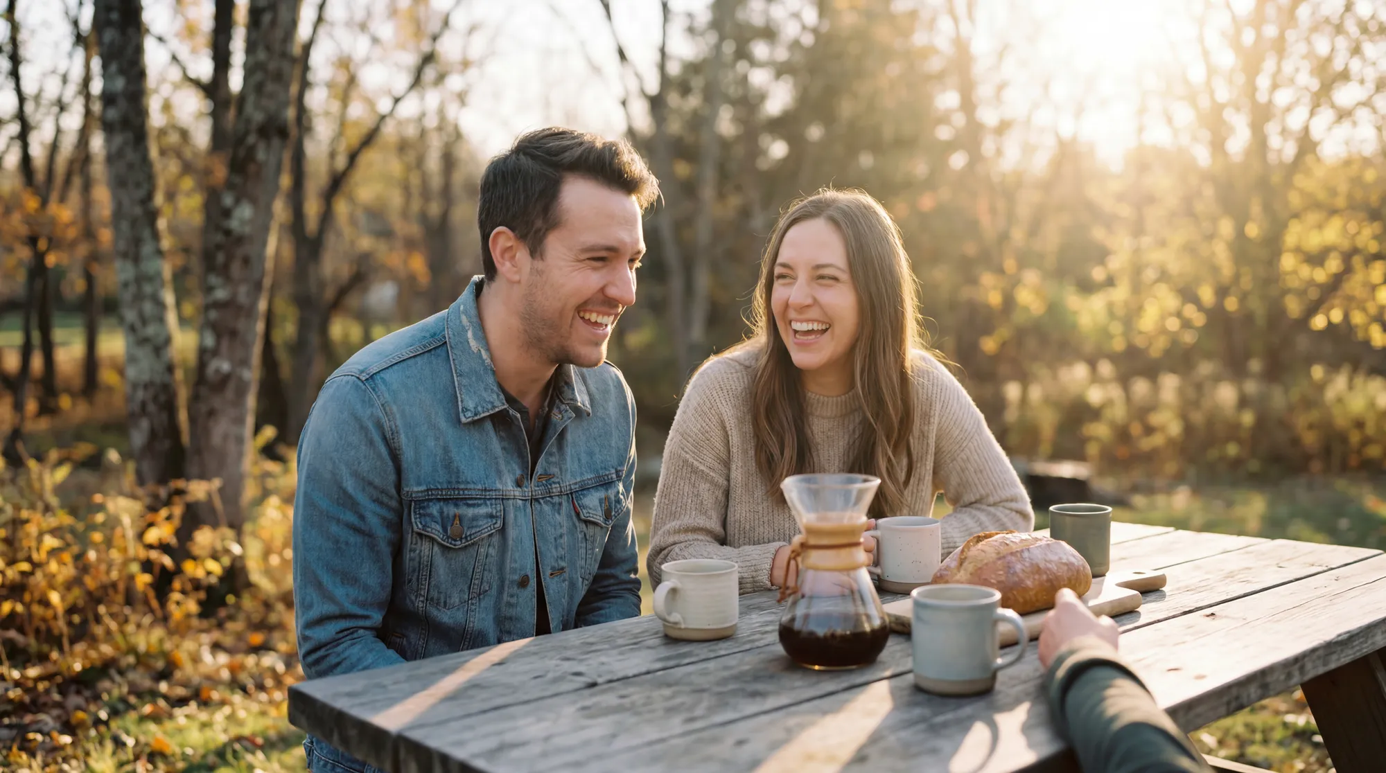 A young couple talking over coffee at an outdoor table