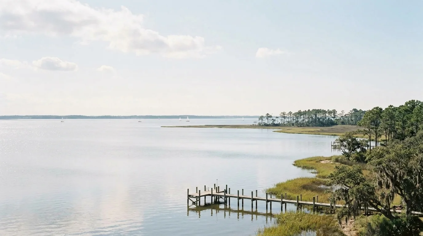 Open river water under a bright sky in Eastern North Carolina