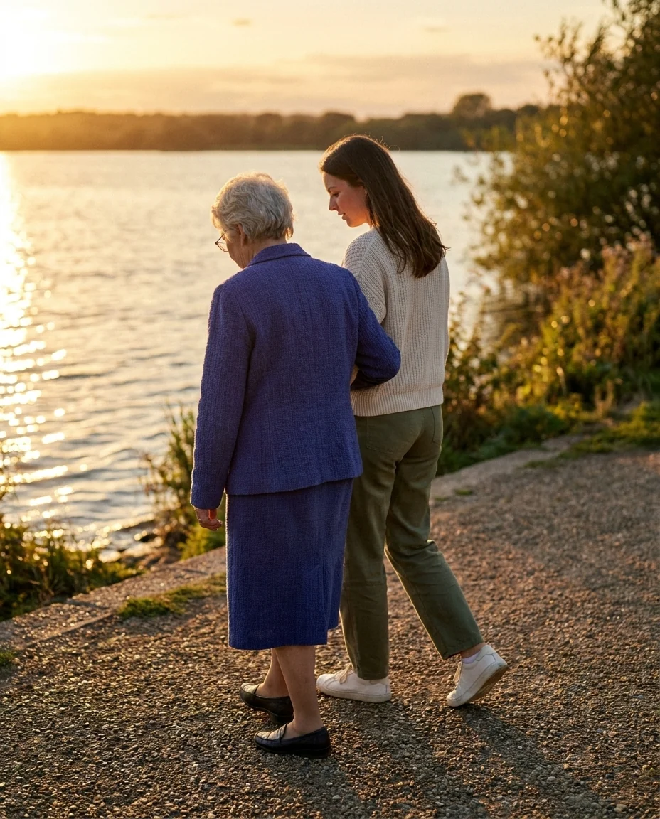 Two generations walking arm in arm along a riverside path at golden hour