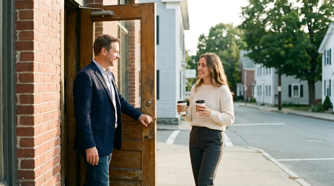 A business owner holding his office door for a colleague arriving with coffee