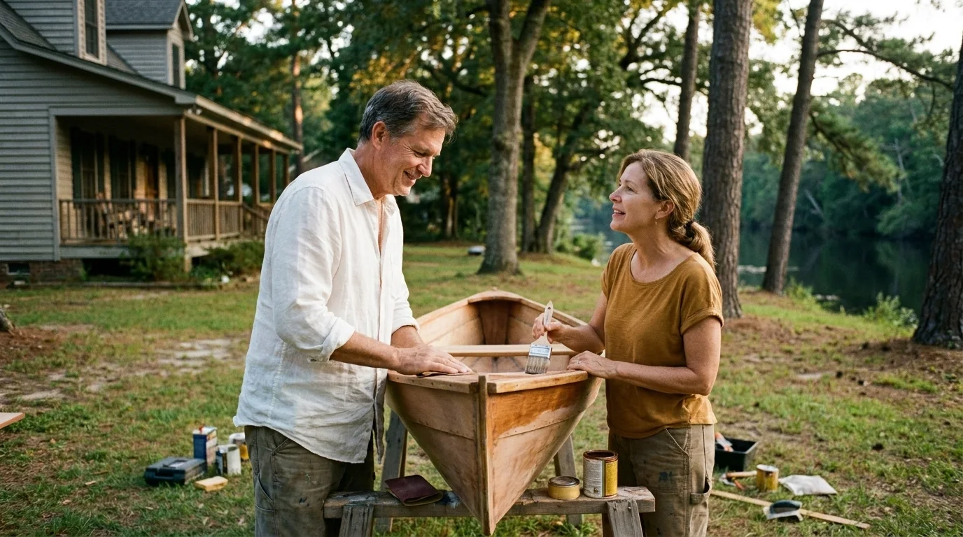 A couple in their fifties varnishing a small wooden boat in the yard
