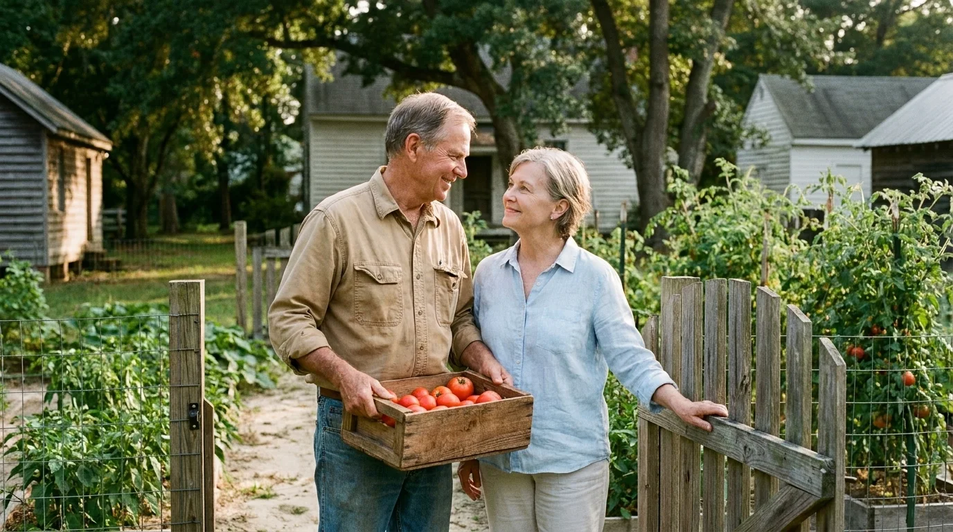 A couple in their seventies at their garden gate with a crate of tomatoes