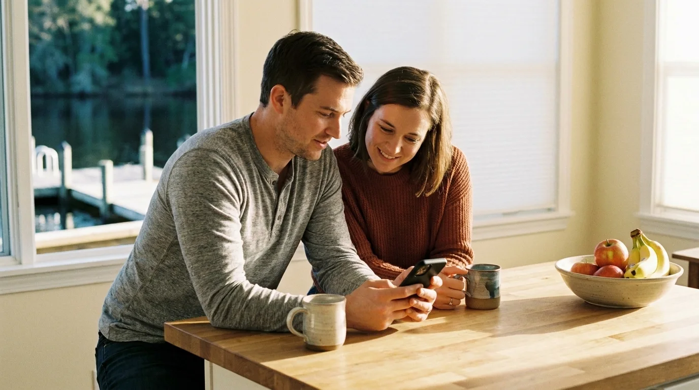 A young couple at their kitchen counter looking at something on a phone