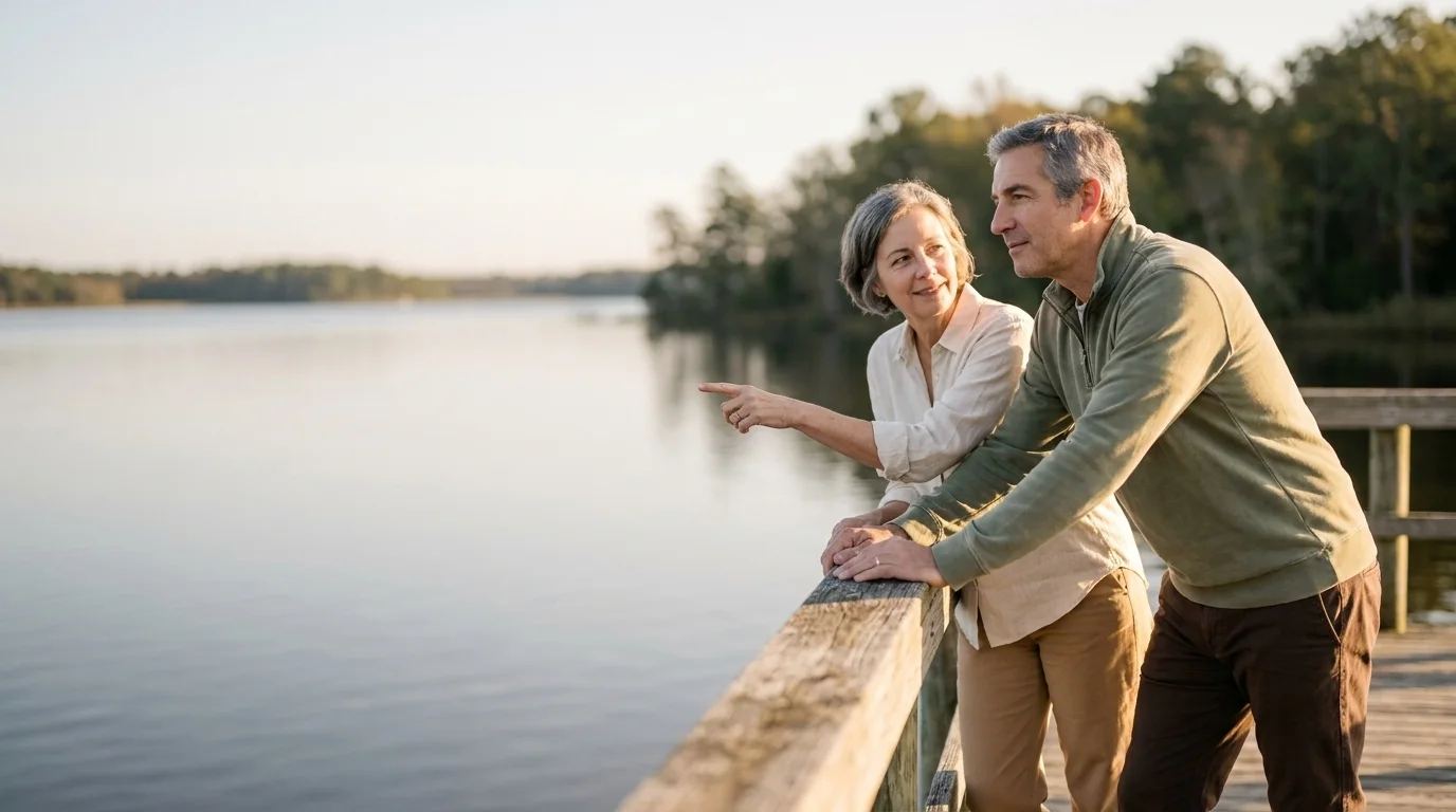 A couple talking at the rail of a dock over calm water in late light