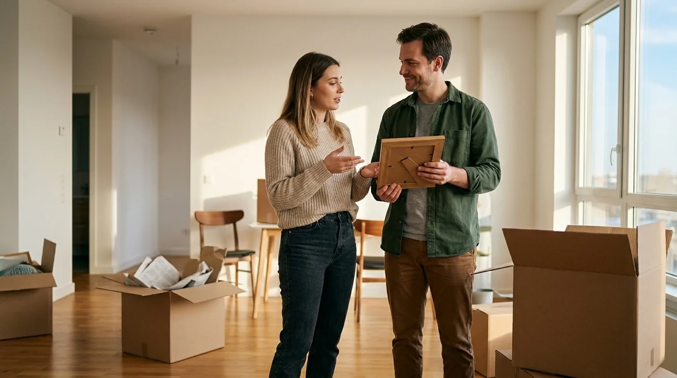 A young couple unpacking in a new apartment, deciding where a picture goes