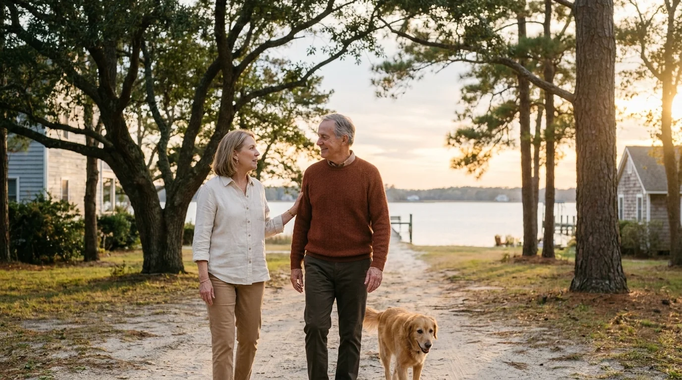 A couple in their sixties walking their dog down a sandy lane toward the river