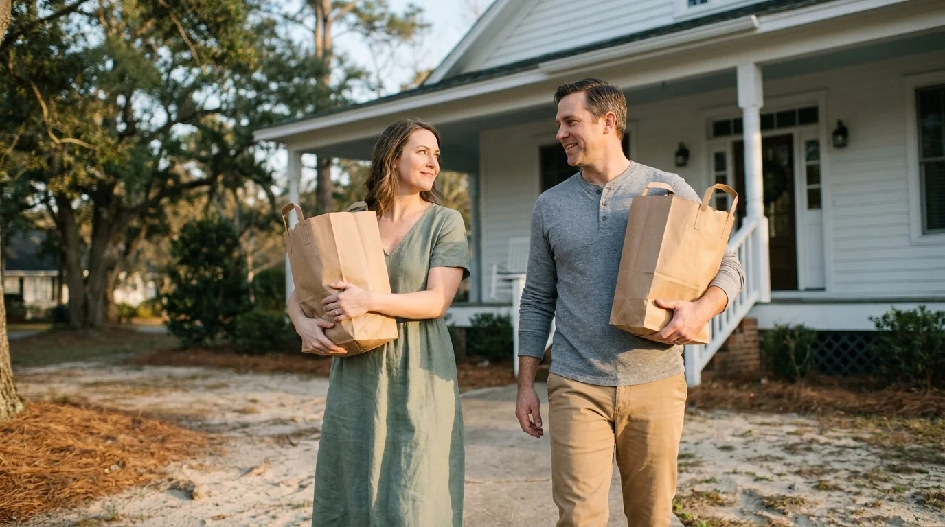 A couple carrying groceries up the walk to their house, mid-conversation