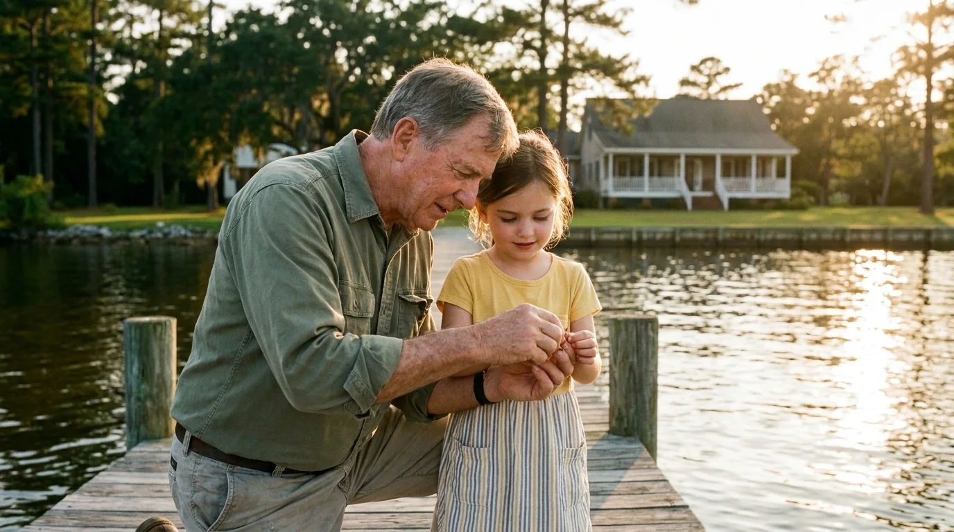 A grandfather showing his granddaughter how to bait a hook on a dock