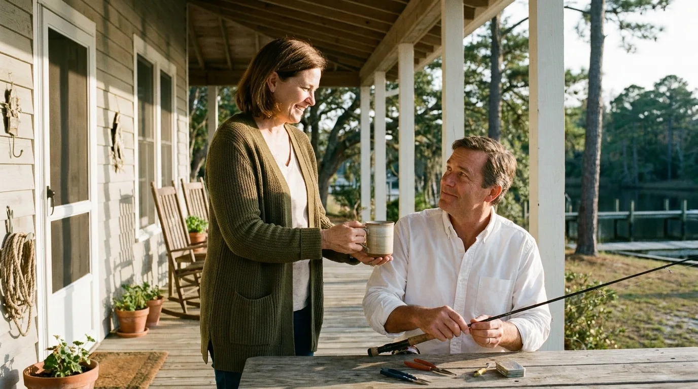 A woman handing her husband a mug of coffee on their porch as he mends a fishing rod