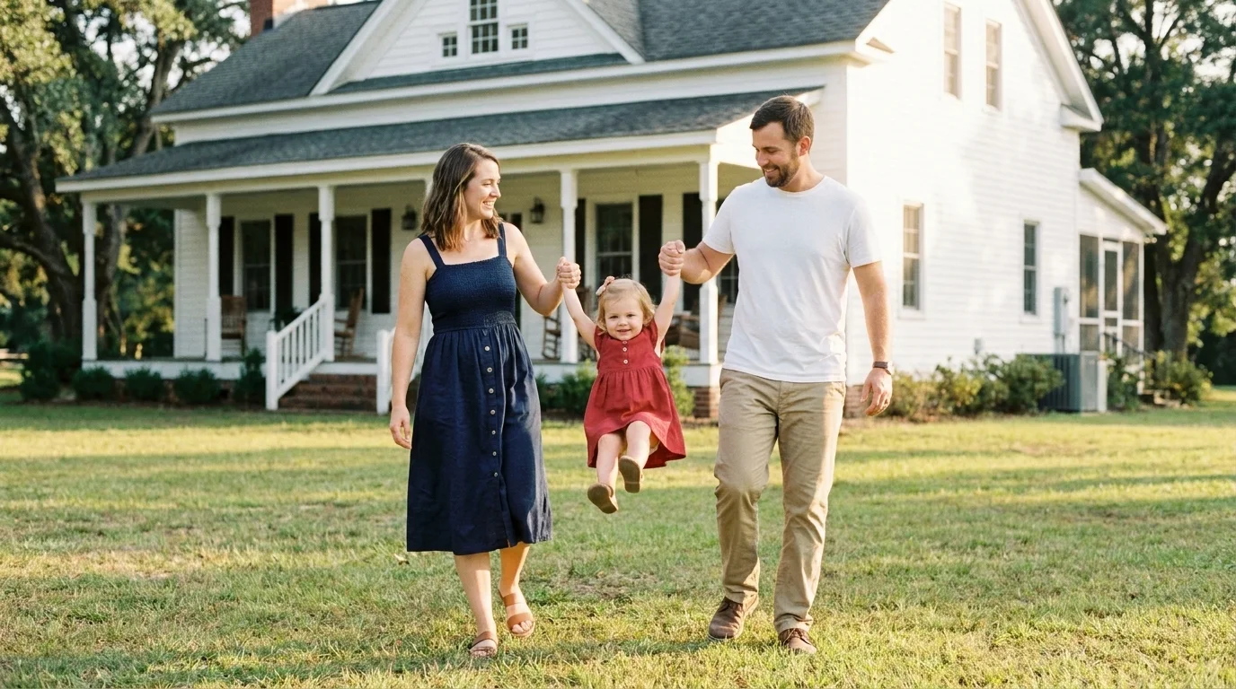 Two parents swinging their small daughter between them in front of a white farmhouse