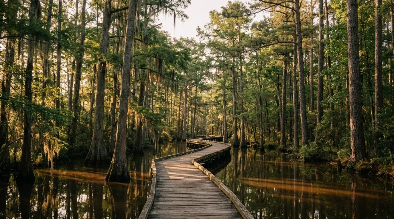 A boardwalk trail through cypress and pine beside still water