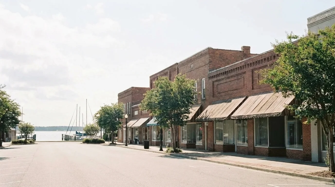A small-town main street a block from the river in morning light