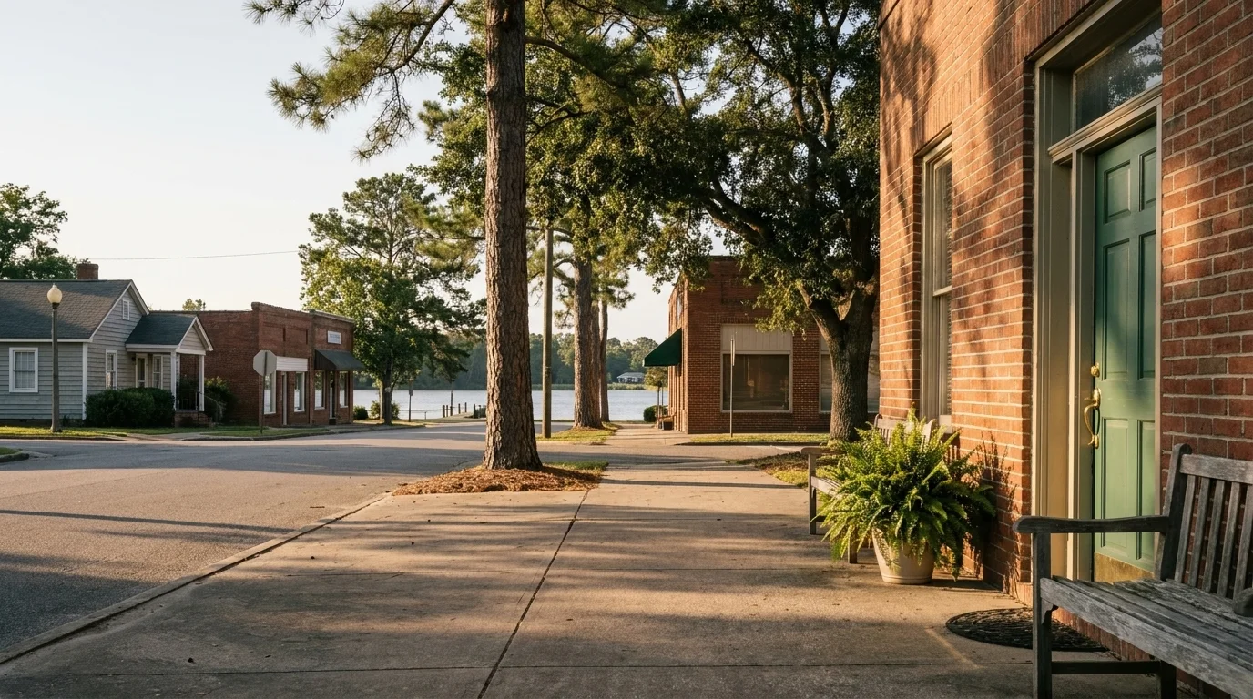 A brick office on a quiet street corner in late-afternoon sun