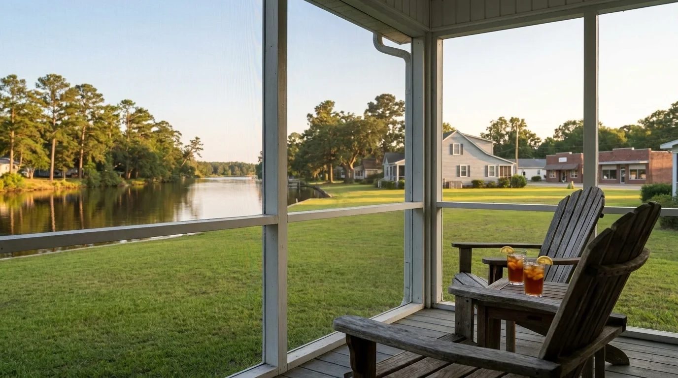 Two chairs and two glasses of iced tea on a screened porch