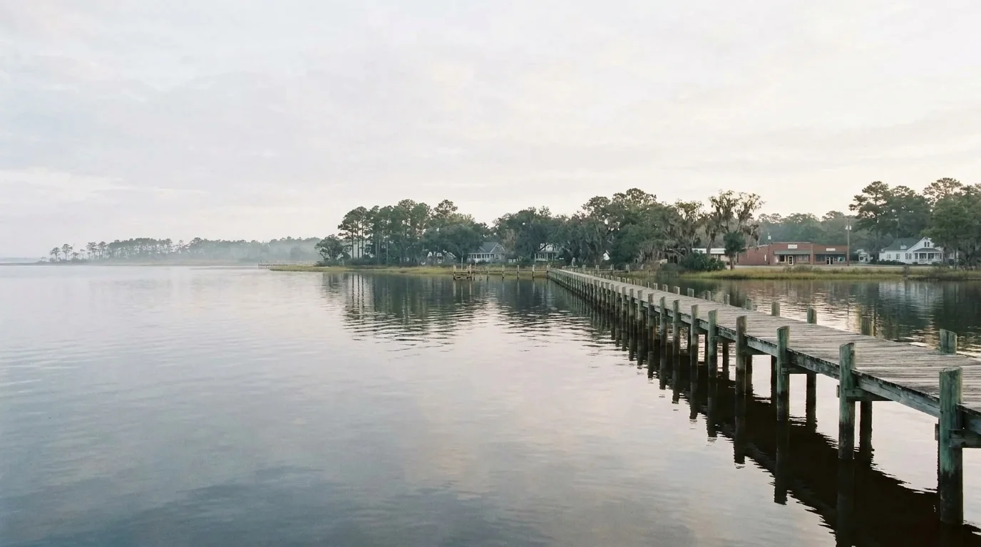 A long wooden pier over calm river water in early morning