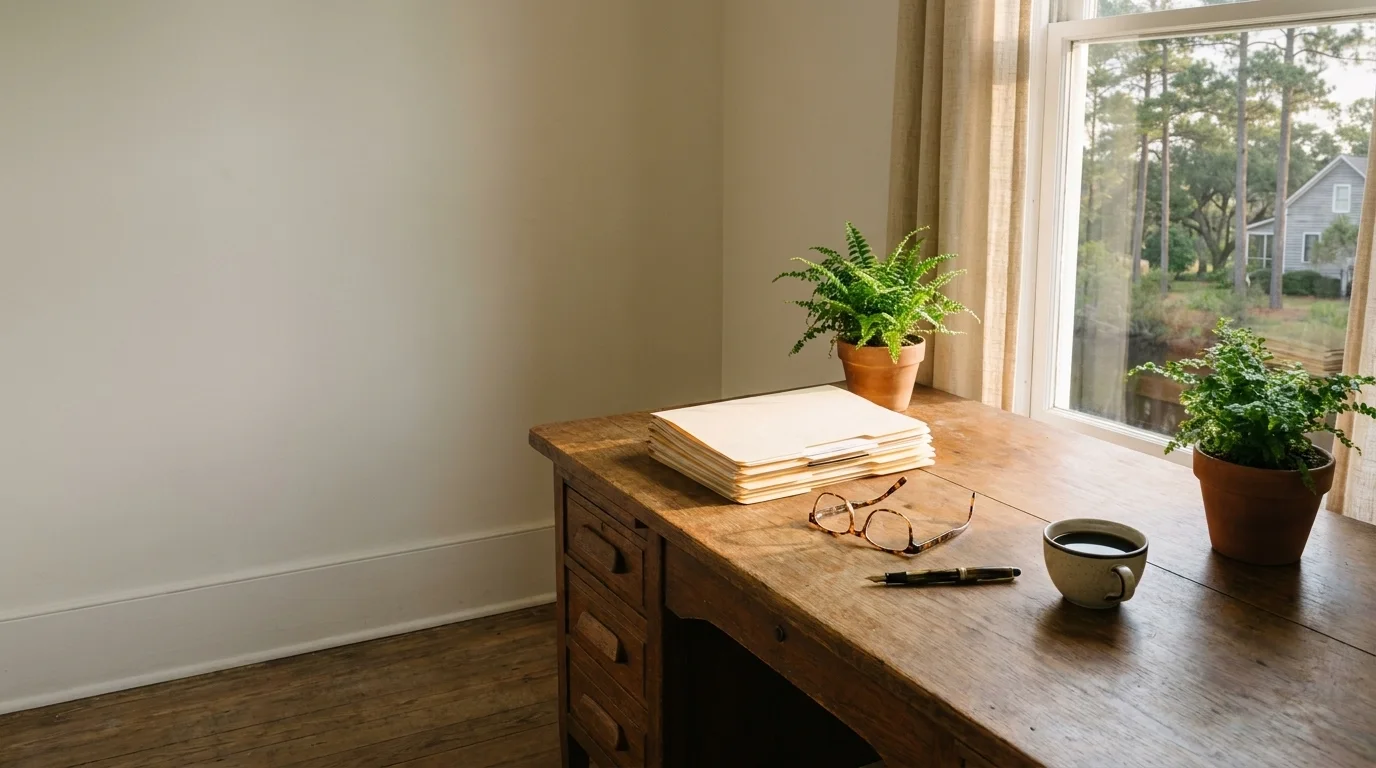 A desk with a stack of folders, reading glasses and a cup of coffee