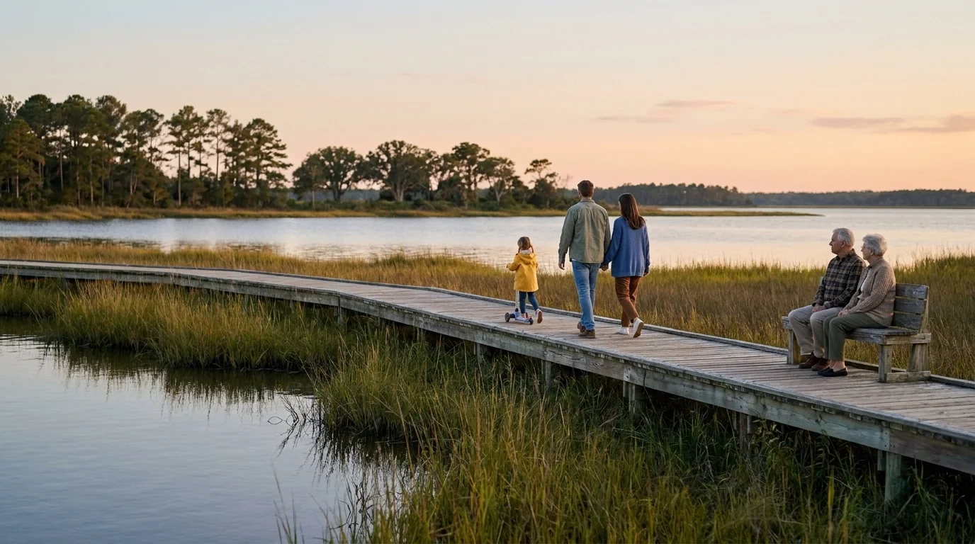 A boardwalk through marsh grass at golden hour, with people of different ages